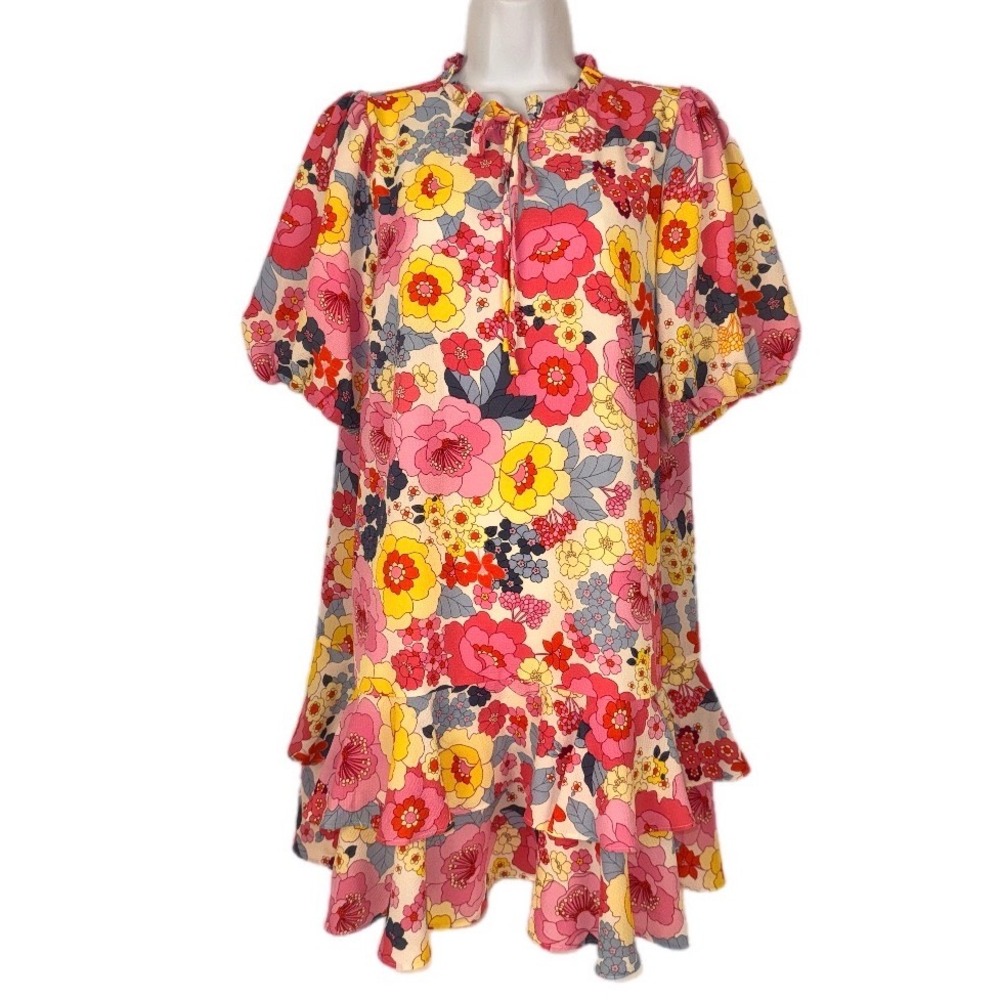 Sugar+Lips Floral Ruffle Mini Dress Women Medium Pink Yellow‎ Retro Boho Pockets